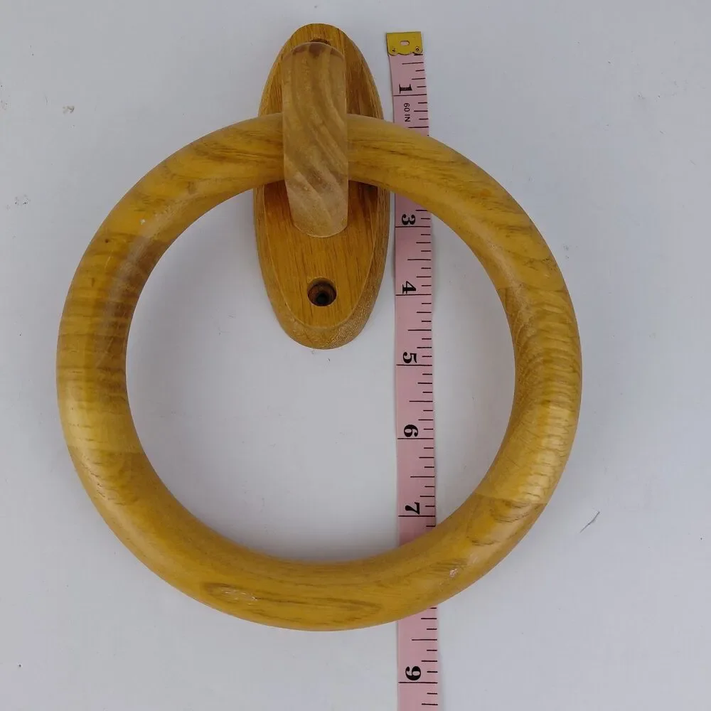 Vtg 80's Oak Wood Towel Ring  Wall Mount Farmhouse Country